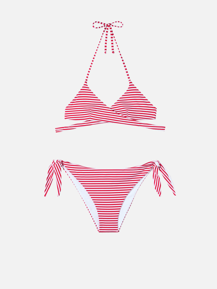 Bikini a triangolo avvolgente Layne Yali con stampa a righe rosse