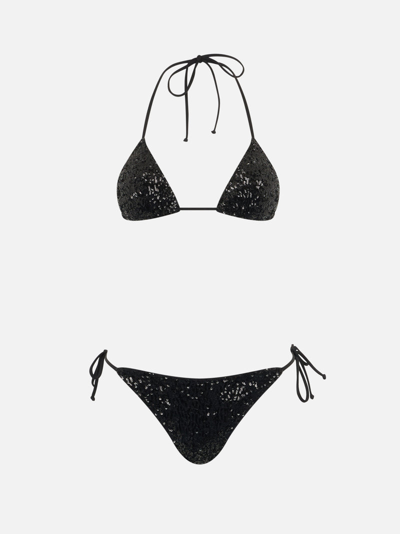 Bikini a triangolo paillettes nere da donna Leah Marielle