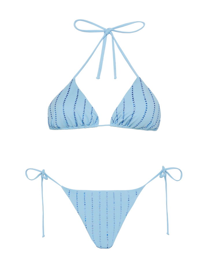 Light blue classic triangle bikini Leah Marielle with striped rhinestone embellishment