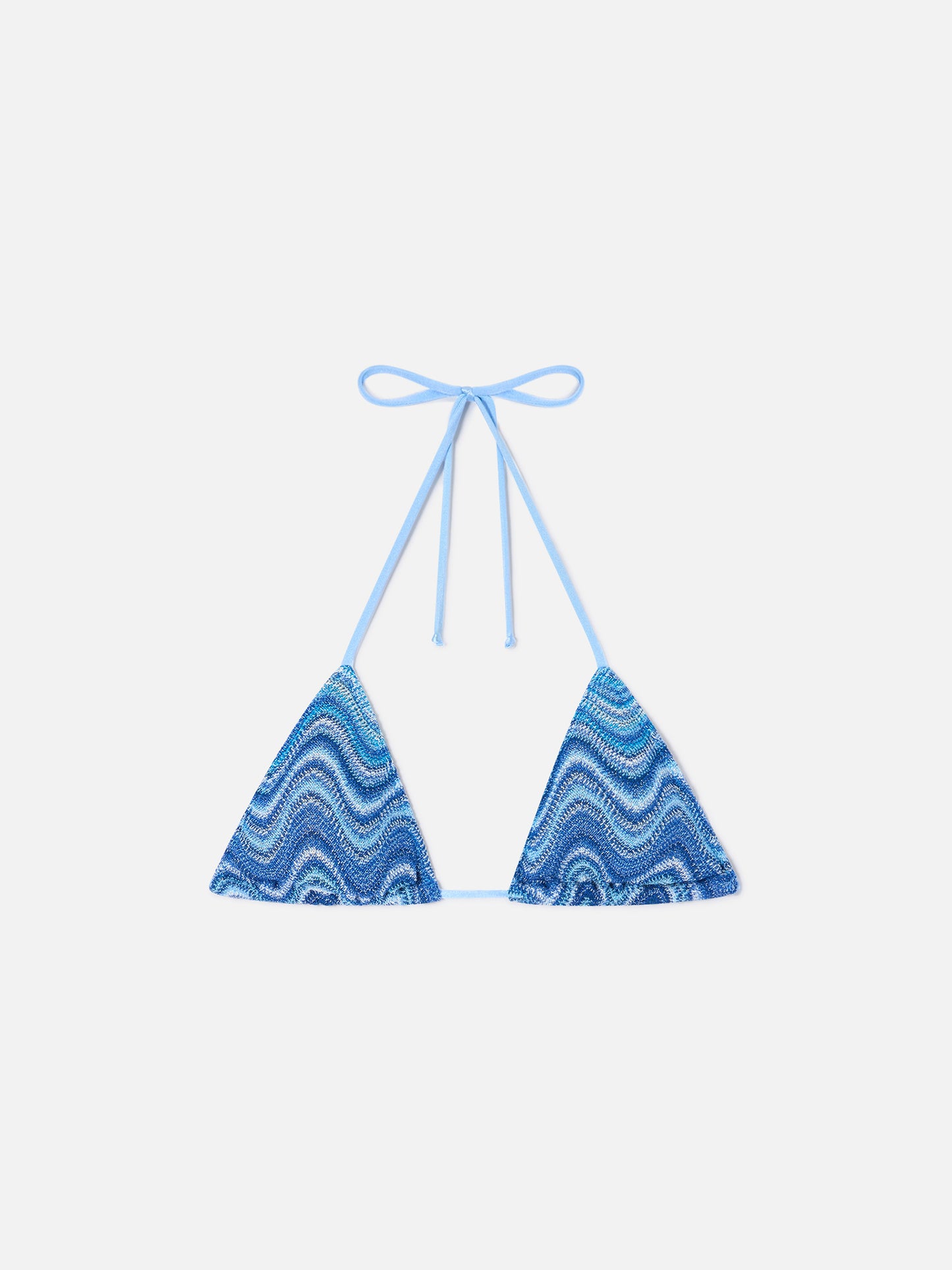 Leah triangle bikini top in light blue wave-effect raschel fabric