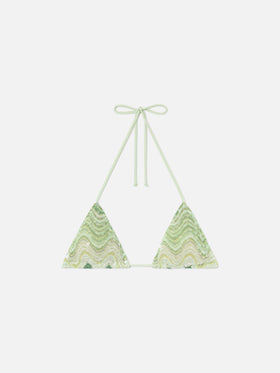 Top de bikini triangular Leah en tejido raschel verde con lentejuelas 