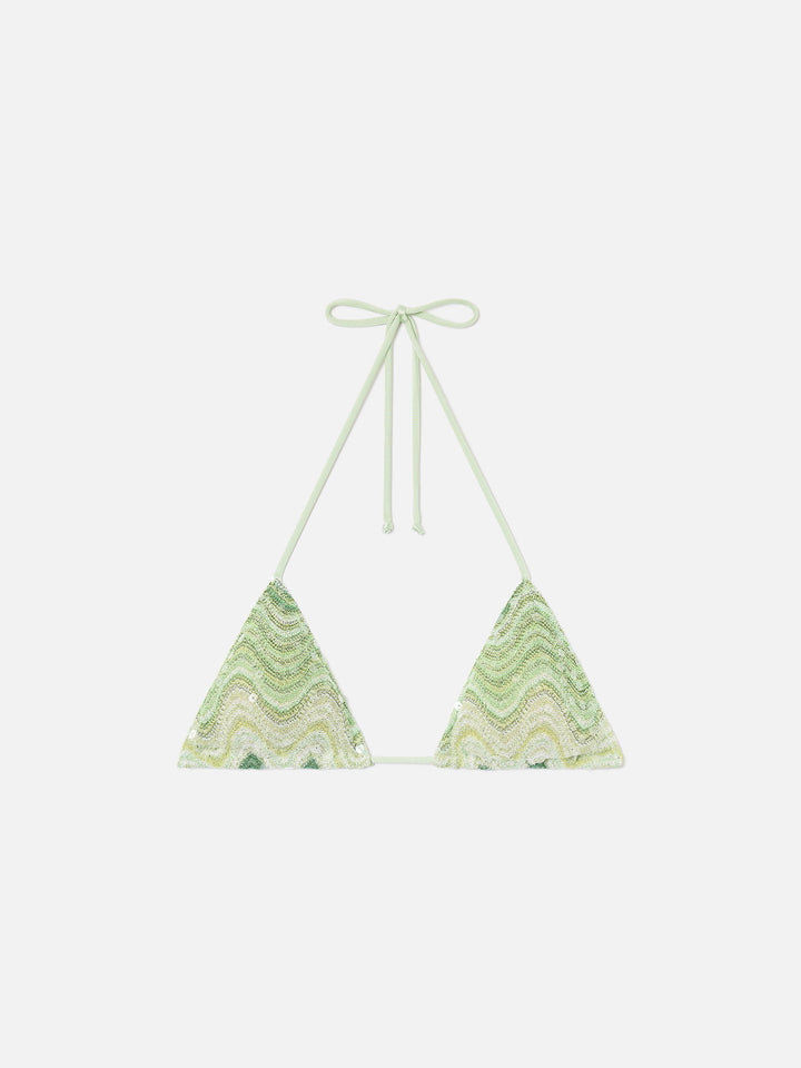 Top bikini Leah triangolo in tessuto raschel verde con paillettes