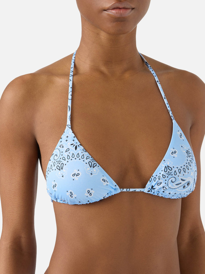 Top bikini Leah triangolo con stampa bandana azzurra