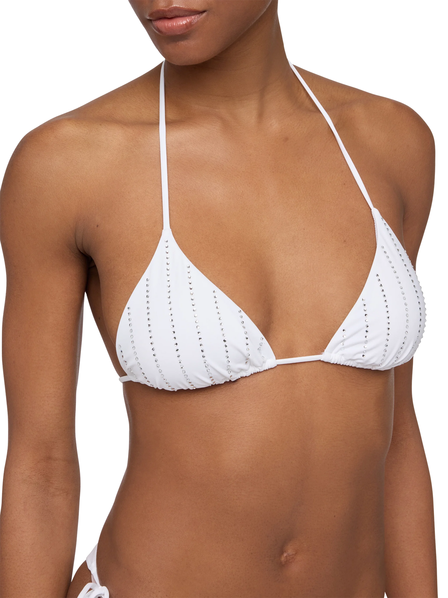 Bikini bianco classico a triangolo Leah Marielle con decorazione a righe in strass