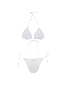 Klassische weiße Badehose „Marielle“ mit gestreifter Strassverzierung – Badeanzug „Leah“ mit Triangel-Oberteil und gestreifter Strassverzierung