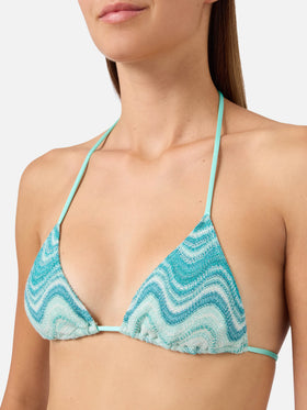 Top bikini Leah triangolo in tessuto raschel degrade verde aqua