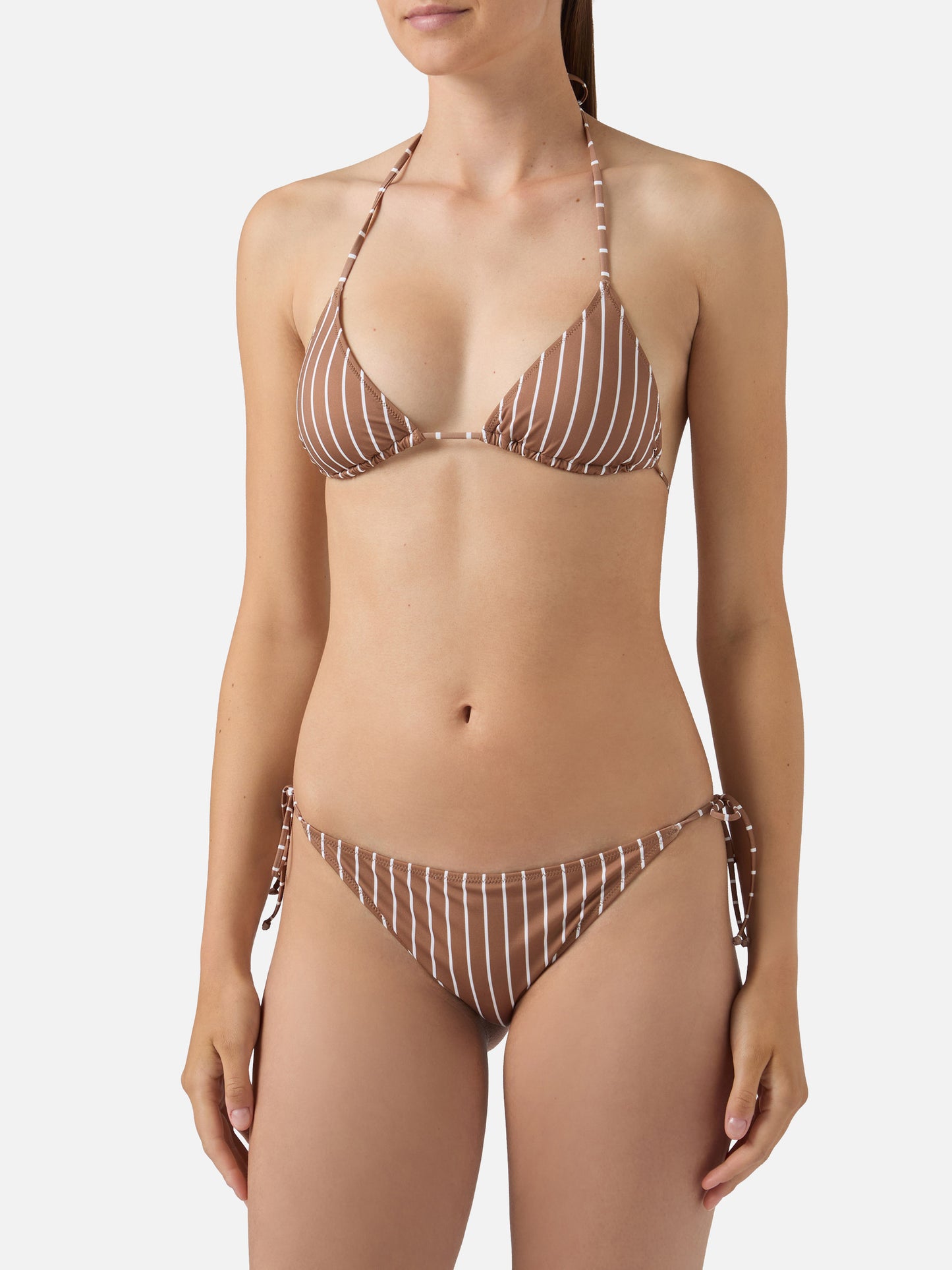 Leah Virgo beige and brown vertical striped bikini