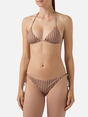 Leah Virgo beige and brown vertical striped bikini