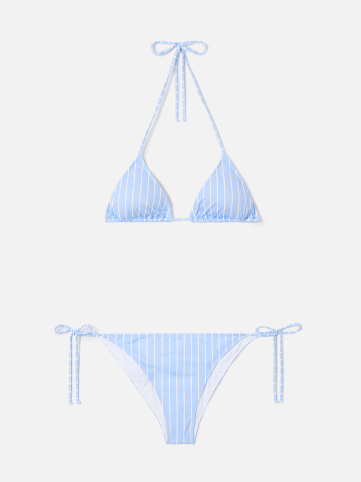 Leah Virgo light blue and white vertical striped bikini