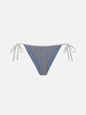 Marielle – Klassische Badehose aus avioblauem Lurex mit silberner Paspelierung