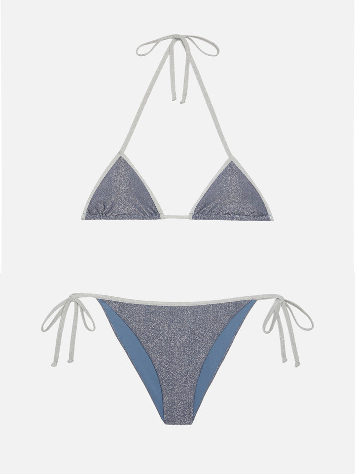 Marielle slip mare classico in lurex color avio blue con profilo argento - Leah top triangolo in lurex color avio blue con profilo argento