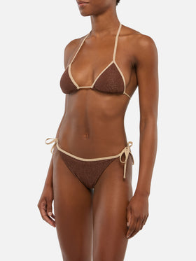 Marielle Vrown klassischer Lurex-Badeslip mit goldener Paspelierung - Leah braunes Lurex-Triangel-Top mit goldener Paspelierung