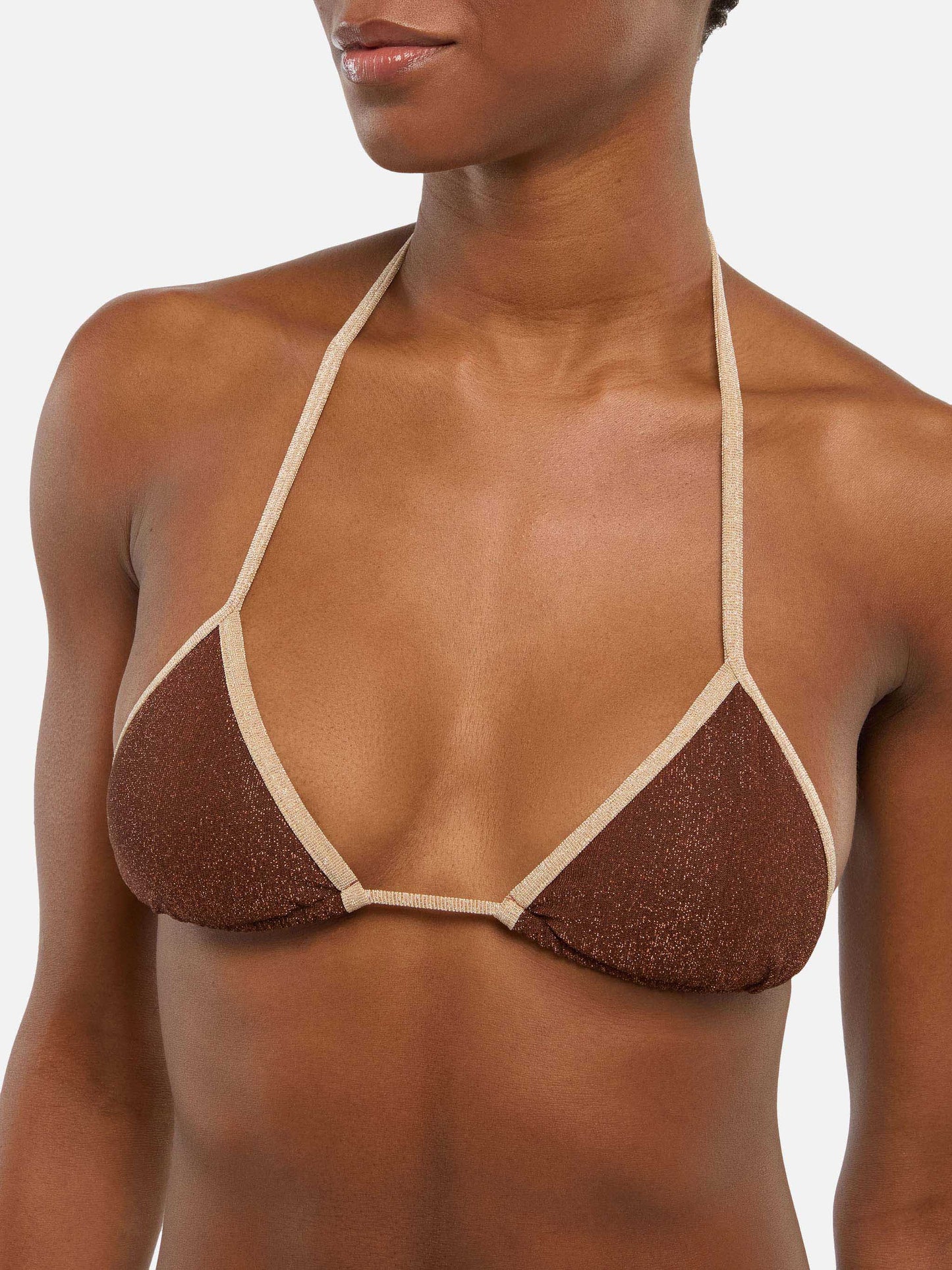 Marielle Vrown klassischer Lurex-Badeslip mit goldener Paspelierung - Leah braunes Lurex-Triangel-Top mit goldener Paspelierung