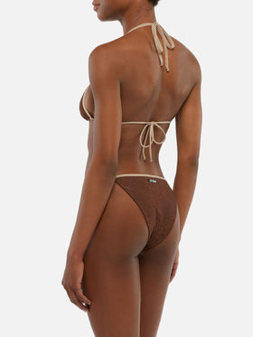 Marielle Vrown klassischer Lurex-Badeslip mit goldener Paspelierung - Leah braunes Lurex-Triangel-Top mit goldener Paspelierung