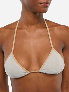 Leah – silbernes Lurex-Triangel-Top mit goldener Paspelierung