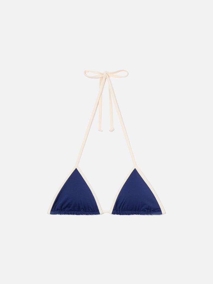 Top bikini Leah String triangolo blu con profili bianchi 