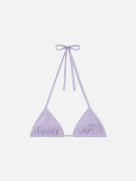 Leah String triangle bikini top in lilac crinkle lurex fabric