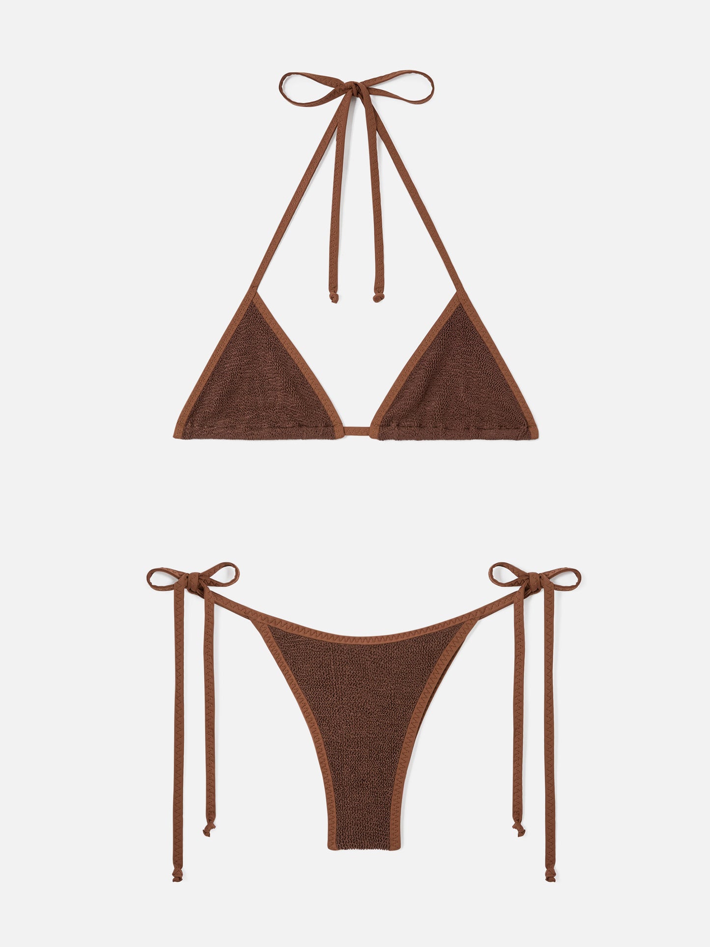 Bikini triangular Leah Norah de tejido crinkle marrón con ribetes 