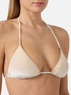 Top bikini Leah Overlock triangolo in velluto oro 