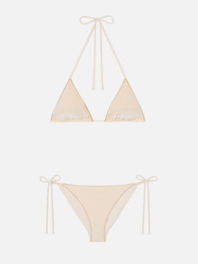 Leah Virgo Overlock Bikini aus goldenem Samt 