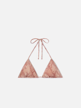 Top bikini Leah Overlock triangolo in lurex con stampa pitonata