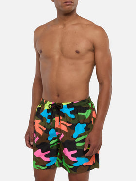 Man light fabric swim shorts with fluo camouflage print