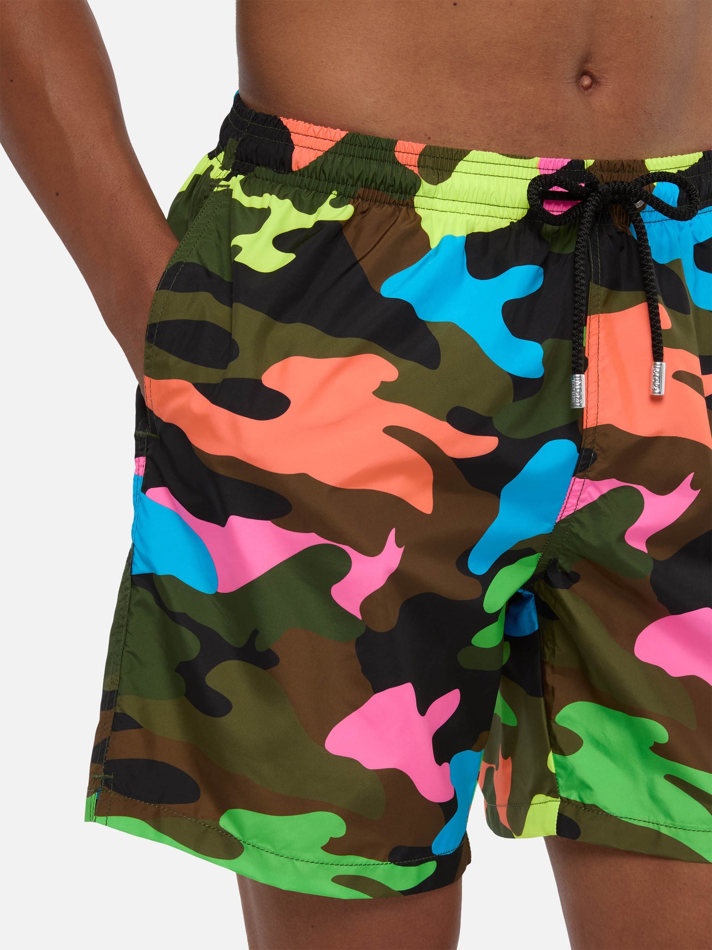 Man light fabric swim shorts with fluo camouflage print
