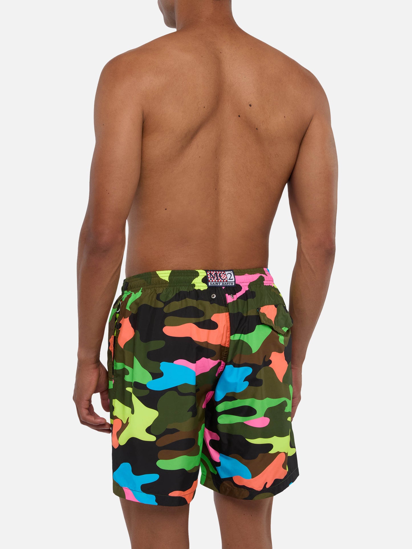Man light fabric swim shorts with fluo camouflage print