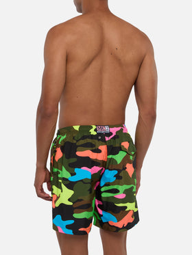 Man light fabric swim shorts with fluo camouflage print