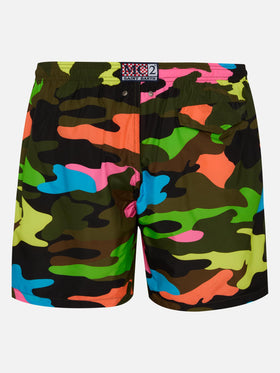 Man light fabric swim shorts with fluo camouflage print