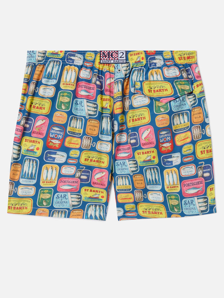 Blue Lighting swim shorts with all-over sardine tins print