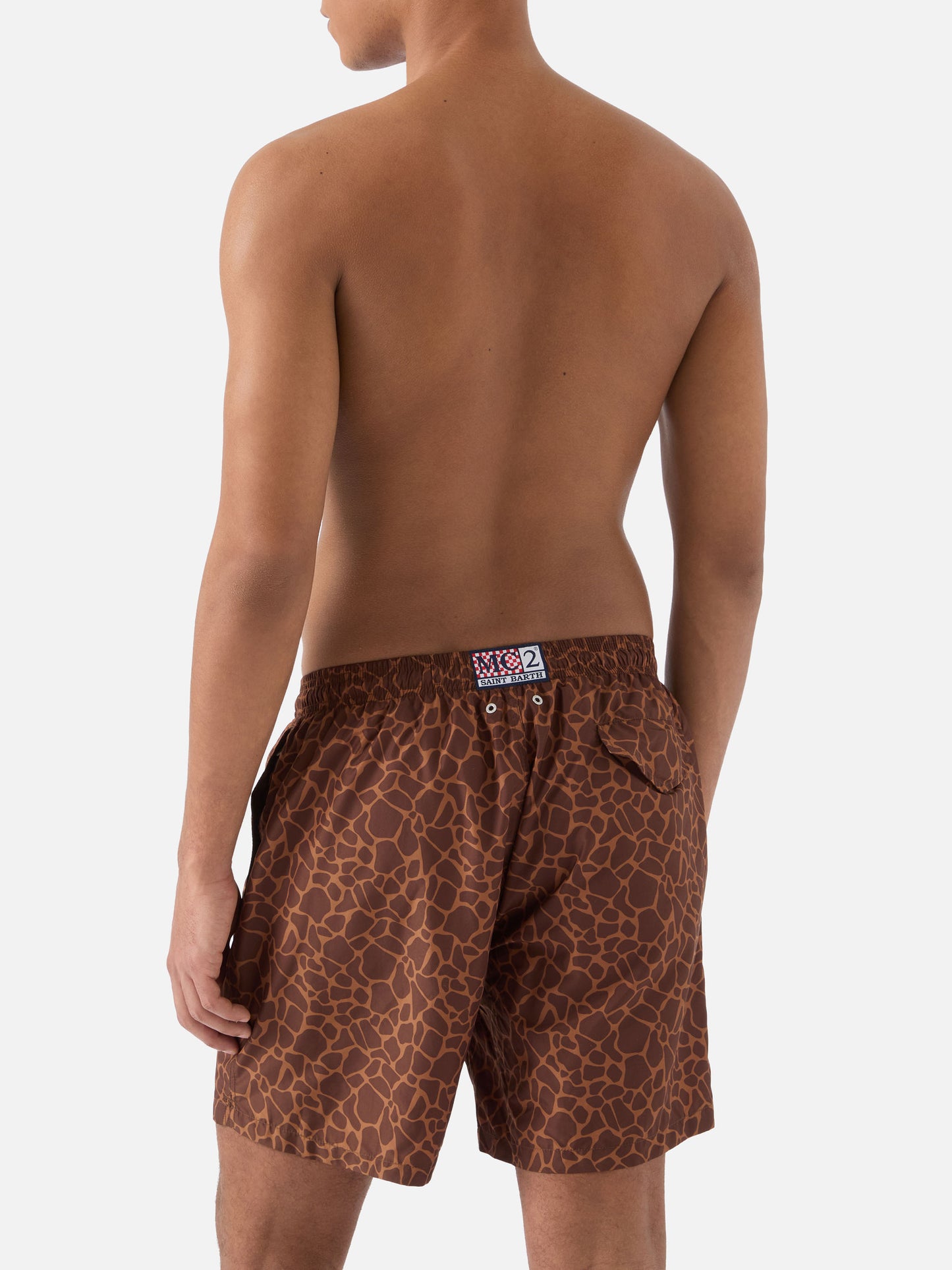 Brown Lighting swim shorts with all-over animal print