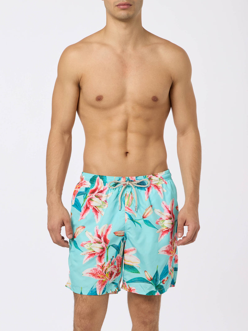 Man lightweight fabric swim-shorts Lighting with tropical flowers print