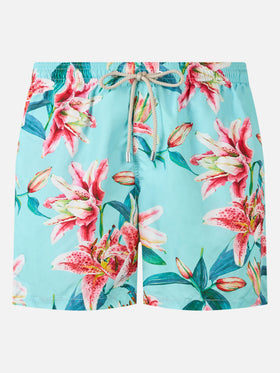 Man lightweight fabric swim-shorts Lighting with tropical flowers print - MC2 Saint Barth