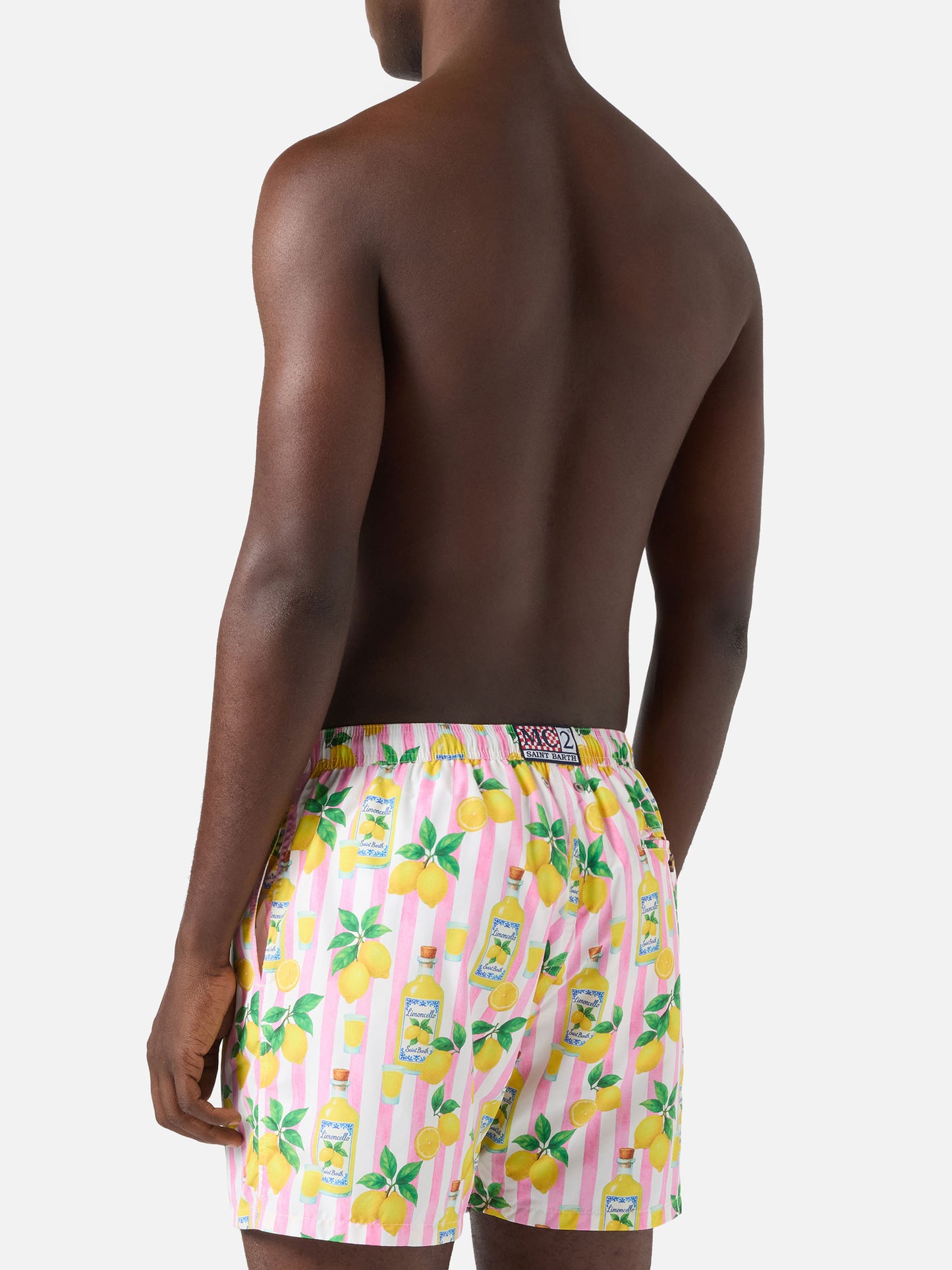 Pink striped Lighting swim shorts with all-over limoncello print