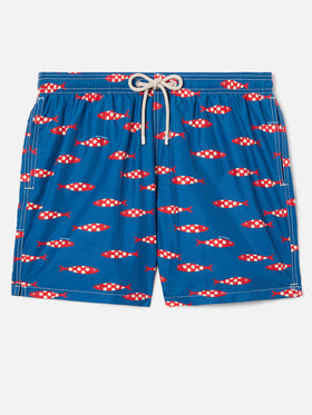 Blue Lighting swim shorts with all-over sardines print