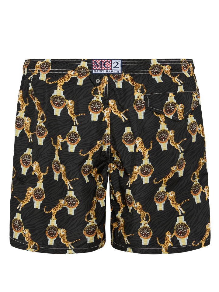 Lightweight fabric swim-shorts Lighting with watche and tiger print - MC2 Saint Barth