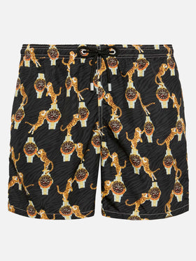 Badeshorts aus leichtem Stoff Lighting mit Uhren- und Tiger-Print