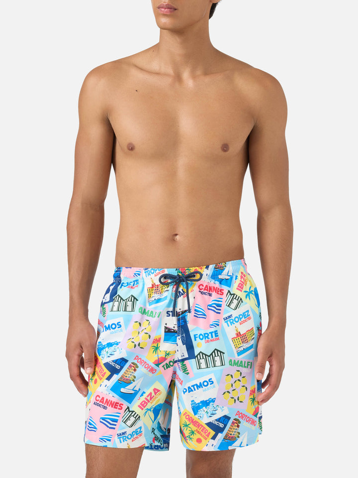 Lighting swim shorts with postcard print