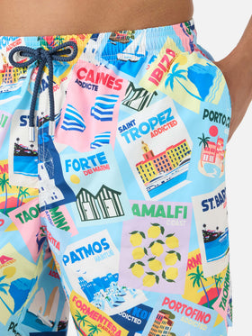 Lighting swim shorts with postcard print