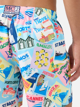 Lighting swim shorts with postcard print