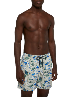 Lightweight fabric swim-shorts Lighting with Greek house print | AI CO-CREATED DESIGN BY RICKDICK - POWERED BY RED-EYE