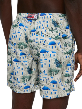 Lightweight fabric swim-shorts Lighting with Greek house print | AI CO-CREATED DESIGN BY RICKDICK - POWERED BY RED-EYE