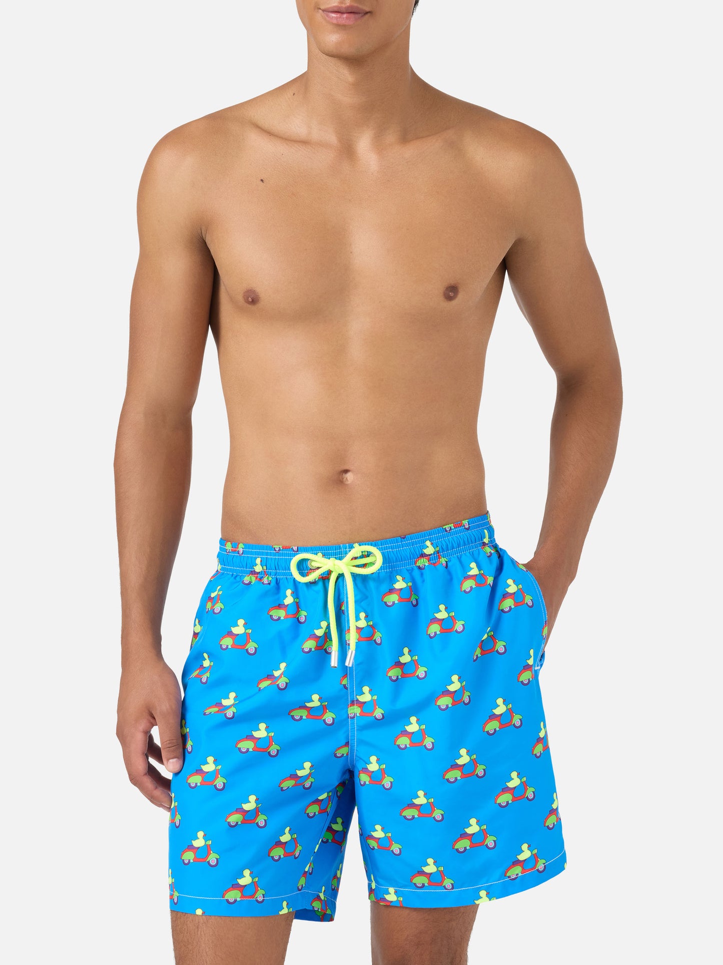 Blue swim shorts with ducks on scooters print | Special Edition