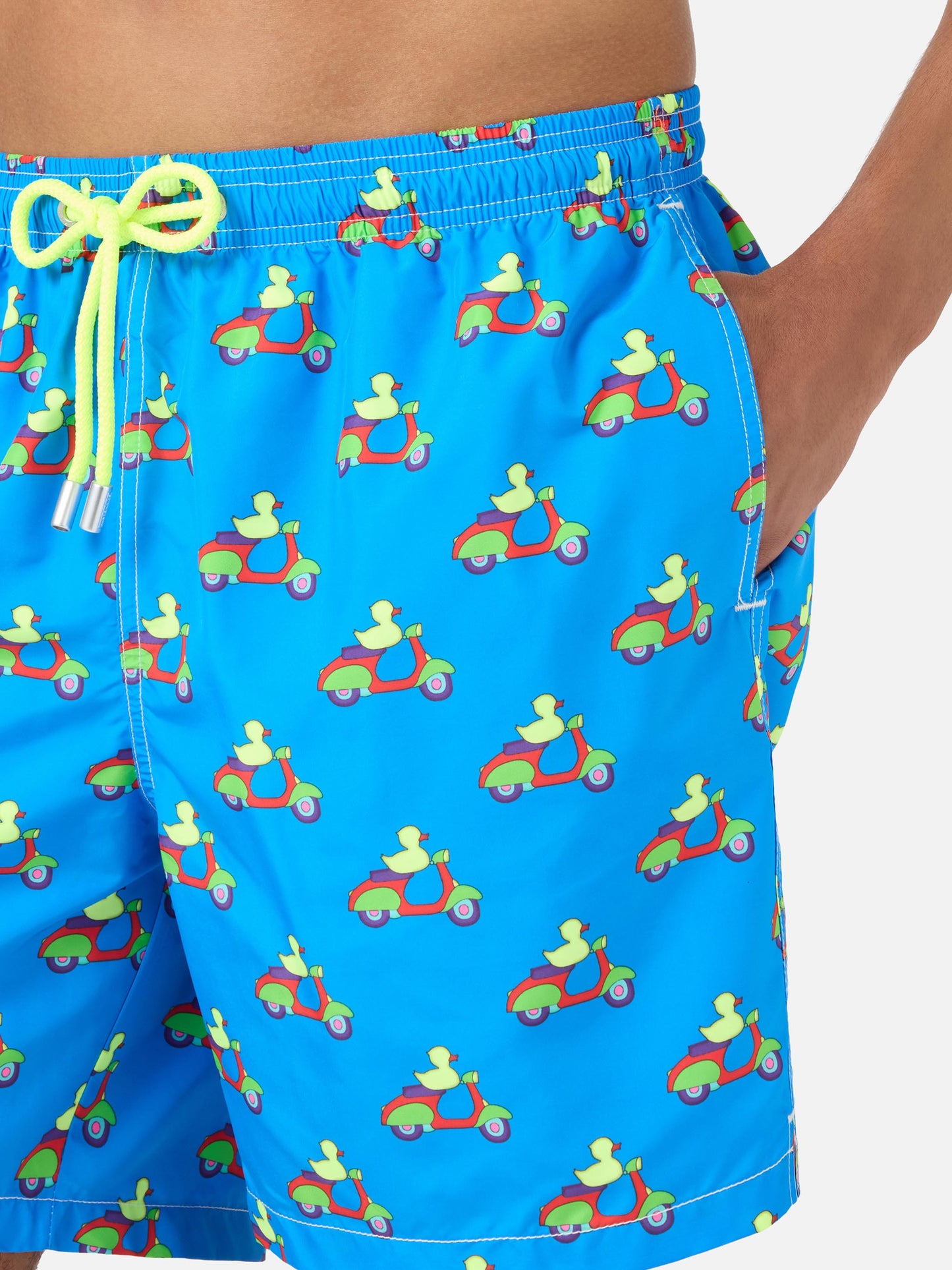 Blue swim shorts with ducks on scooters print | Special Edition