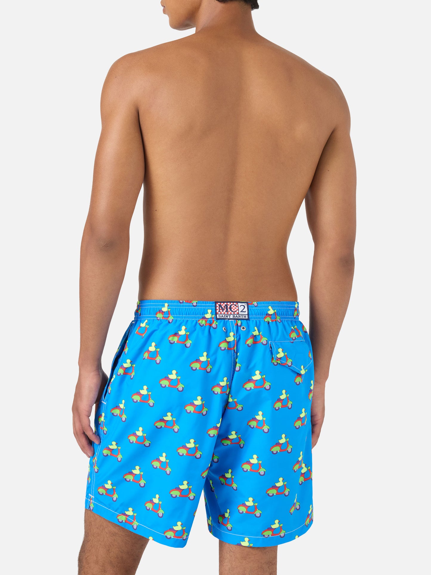 Blue swim shorts with ducks on scooters print | Special Edition
