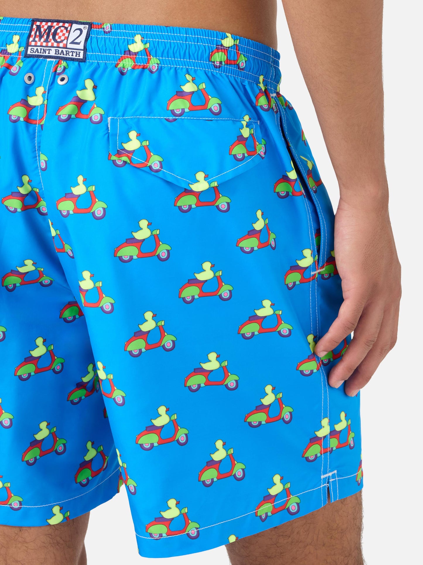 Blue swim shorts with ducks on scooters print | Special Edition