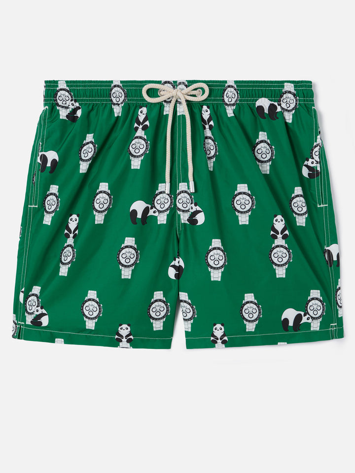 Green Lighting swim shorts with all-over panda and watches print