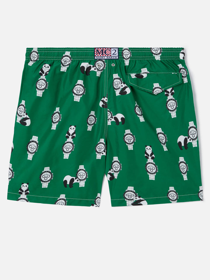 Green Lighting swim shorts with all-over panda and watches print