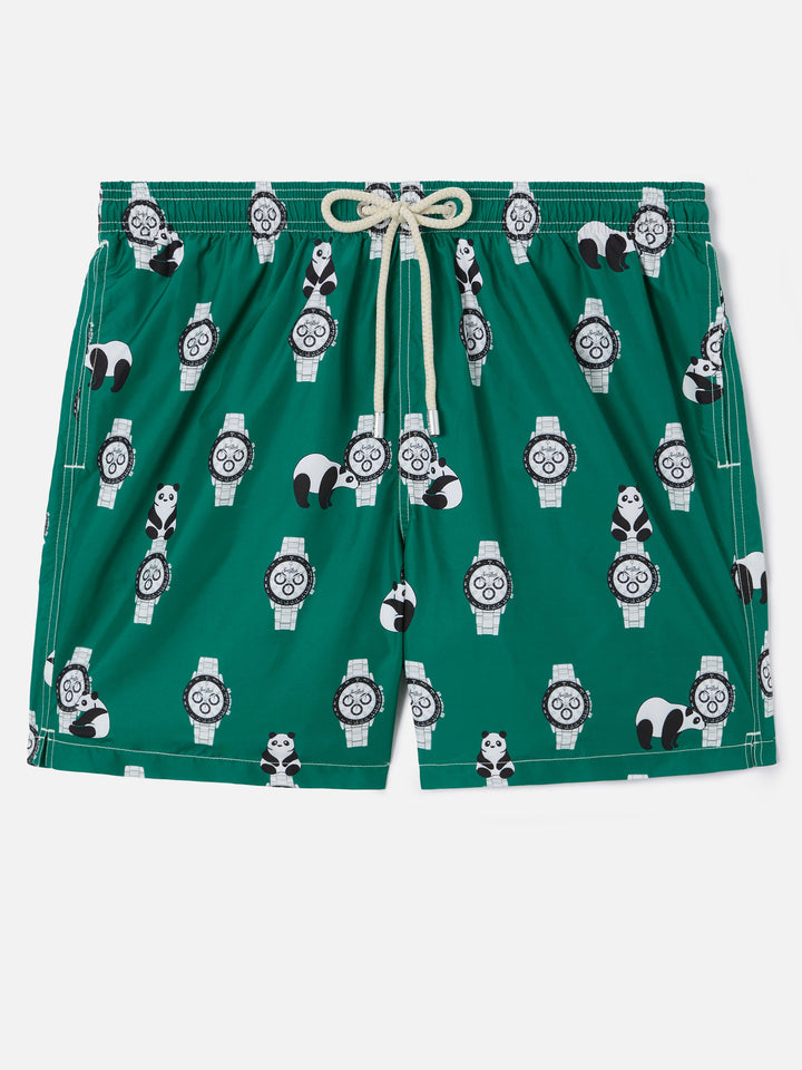 Green Lighting swim shorts with all-over panda and watches print